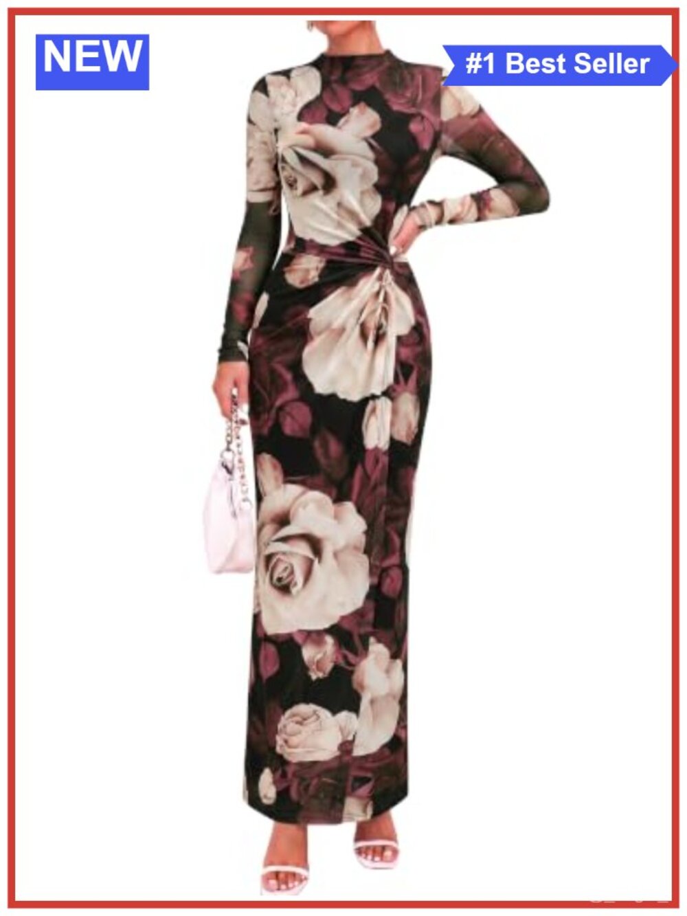 Sheer Mesh Long Sleeve Maxi Dress Mock Neck Twist Knot Formal